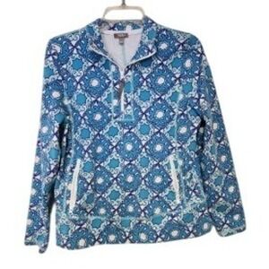 Talbots Womens Blue Geometric Tile Print Quarter Zip Pullover Top Size LP